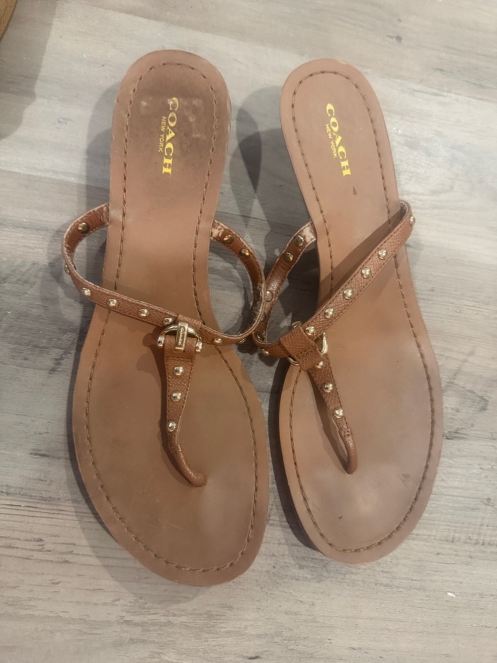 Coach Brown Leather Studded Thong Sandals with Gold Accents
